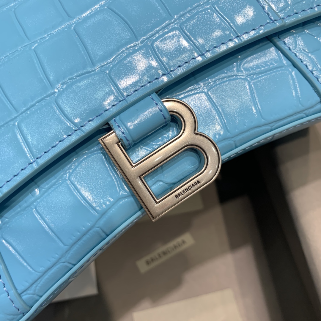 Balenciaga Hourglass Small Handbag Crocodile Embossed Shoulder Bag Sky Blue